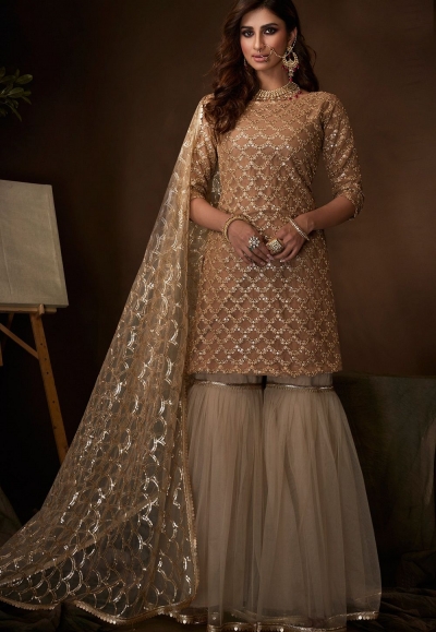 beige net embroidered sharara pakistani style suit 4202