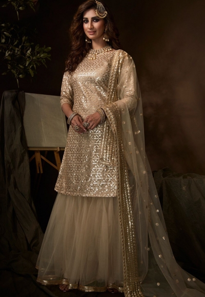 grey net embroidered sharara style pakistani suit 61002