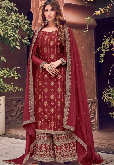 maroon jacquard embroidered palazzo suit 6702