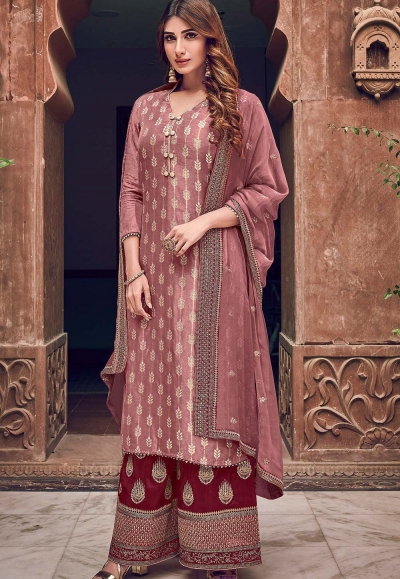 Buy Traditional Wear Maroon Embroidery Work Faux Georgette Palazzo Suit  Online From Surat Wholesale Shop.