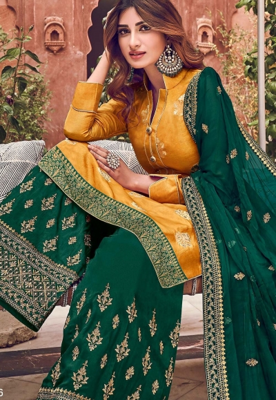 yellow green jacquard embroidered palazzo suit 6706