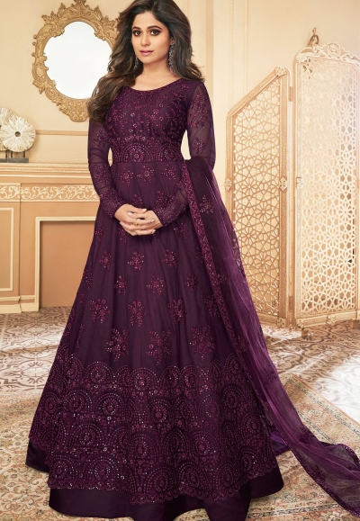 shamita shetty purple net abaya style anarkali suit 7177