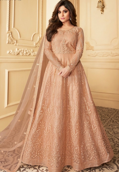 shamita shetty peach net abaya style anarkali suit 7172