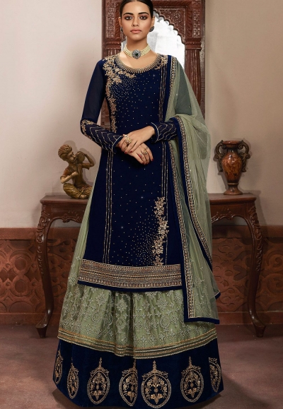 blue georgette embroidered lehenga style suit 6109