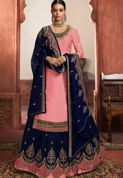 pink blue satin georgette embroidered lehenga style suit 6106