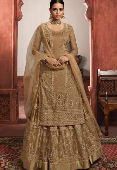 golden net embroidered lehenga style suit 6104