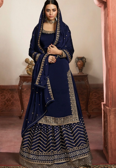 navy blue silk embroidered lehenga style suit 6103