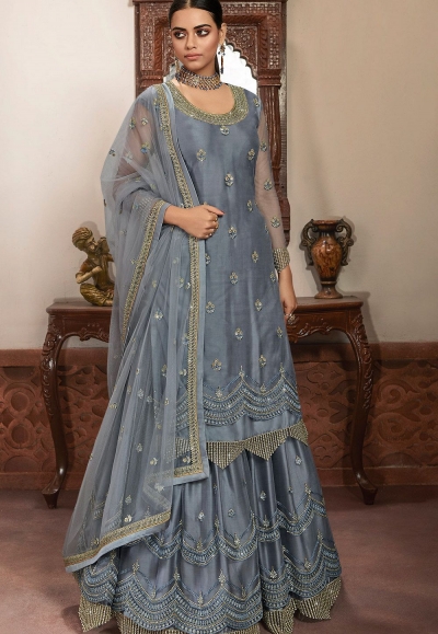 grey net embroidered lehenga style suit 6102