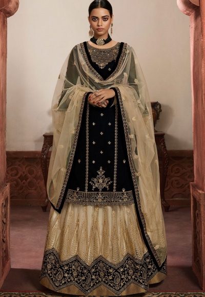 black cream georgette embroidered lehenga style suit 6101