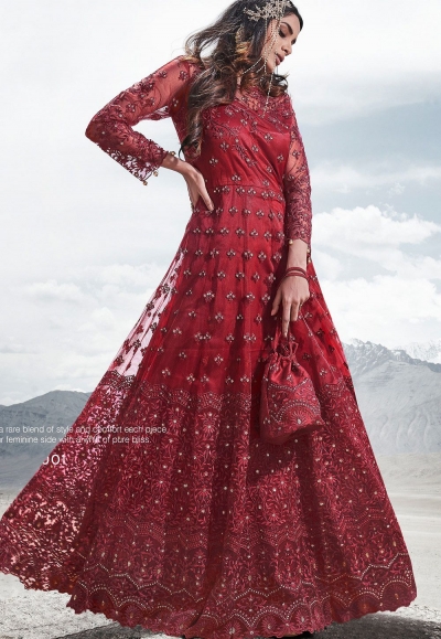 maroon net embroidered floor length anarkali suit 83001