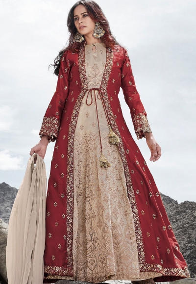 cream maroon silk embroidered long jacket style anarkali suit 83003