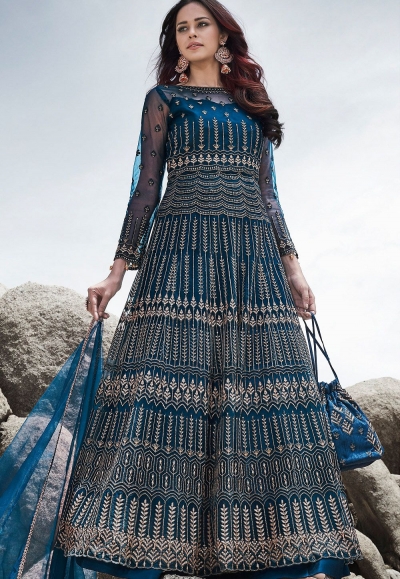 blue net embroidered long anarkali suit 83004