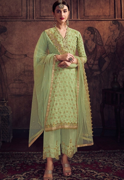 sea green jacquard embroidered trouser suit 8904