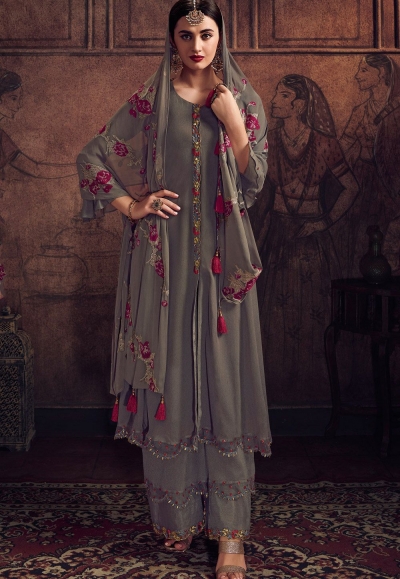 grey georgette embroidered palazzo suit 8905