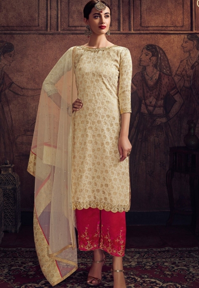 cream jacquard embroidered trouser suit 8906