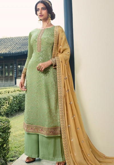 green viscose silk embroidered palazzo suit 18096