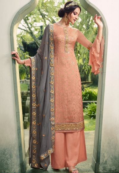 peach viscose silk embroidered palazzo suit 18095