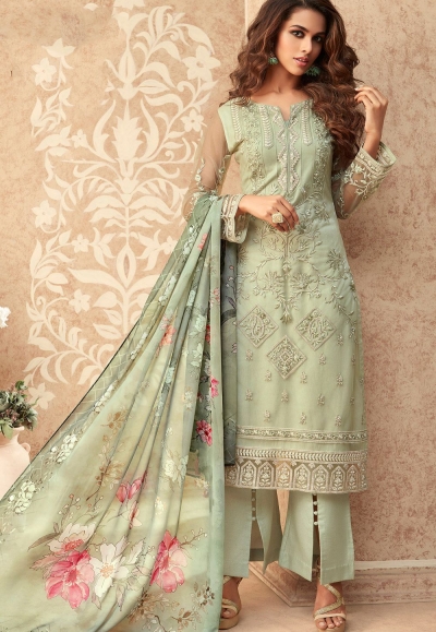 pastel green net embroidered straight trouser suit 36002