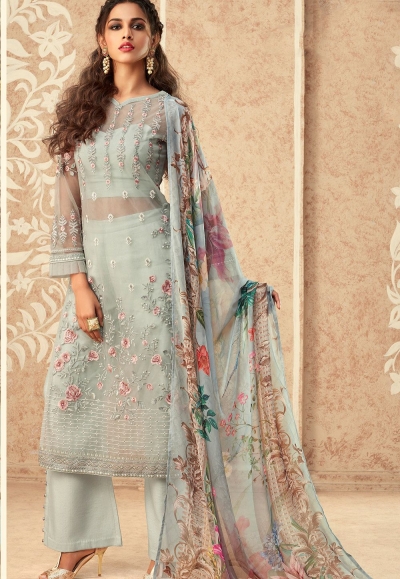 light blue net embroidered straight trouser suit 36004