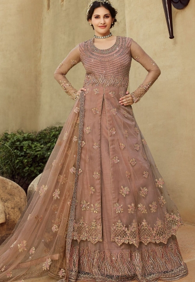 rose taupe net embroidered lehenga style suit 15031