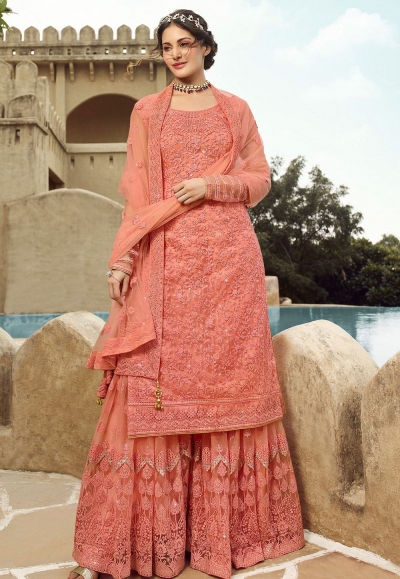 peach net embroidered sharara style suit 15033