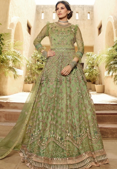 green net embroidered floor length anarkali suit 15034