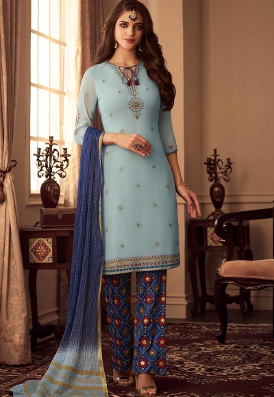 sky blue art silk straight trouser suit 35001