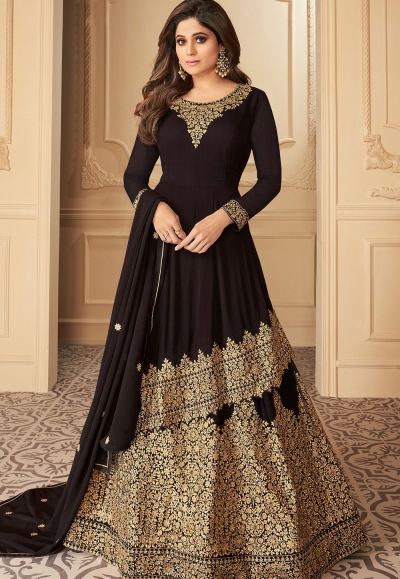 shamita shetty cococola black georgette long kameez lehenga style suit 7142