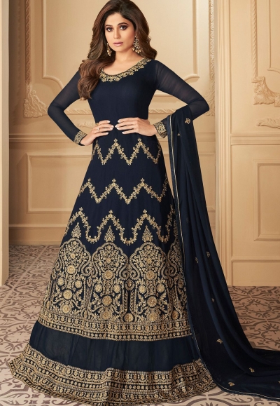 shamita shetty navy blue georgette long kameez lehenga style suit 7144