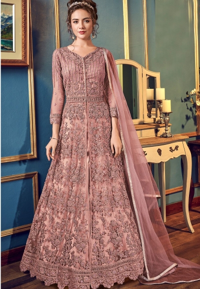 pink net embroidered lehenga style anarkali suit 4557b