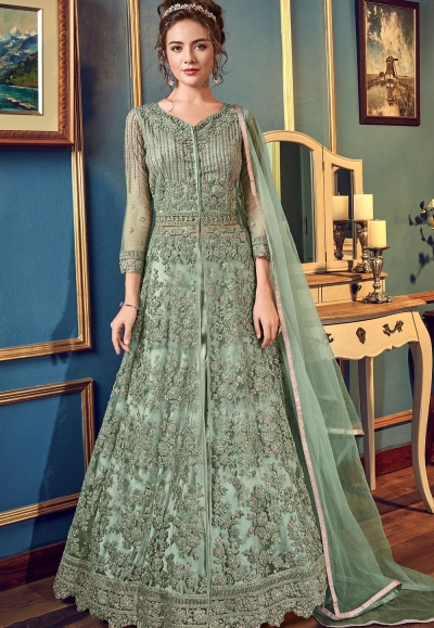 pastel green net embroidered lehenga style anarkali suit 4557a