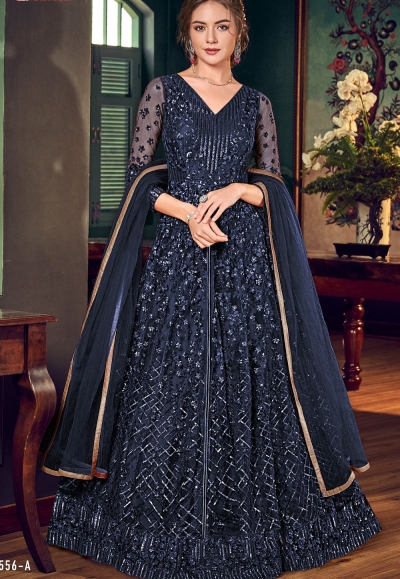 navy blue net embroidered lehenga style anarkali suit 4556a