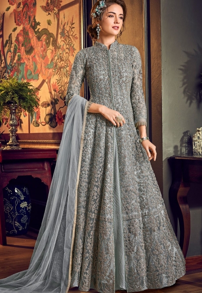 Grey Net Anarkali Suit With Embroidery Work Online FABANZA