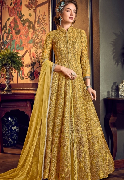 yellow net embroidered wedding anarkali suit 4554b