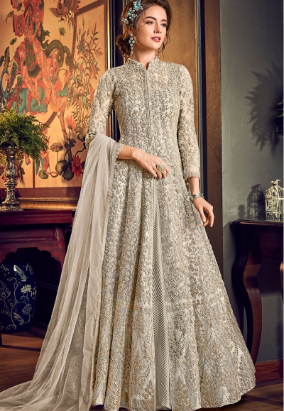 off white net embroidered wedding anarkali suit 4554a