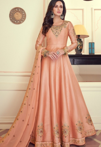 Buy Powder Peach Anarkali Suit In Chiffon With Morroccon Moti Embroidery