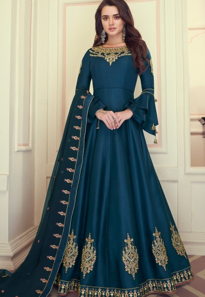 Semi #Stitched Aqua #Blue Gown Style #Salwar #Kameez #Dupatta #nikvik #usa  #designer #australia #canada #free… | Designer anarkali, Dress materials, Anarkali  dress