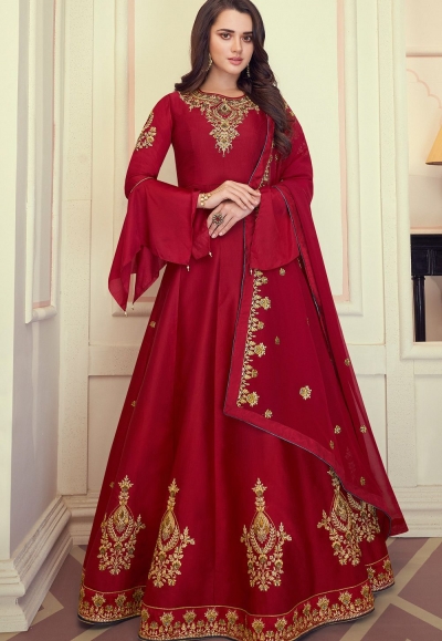 dark red art silk embroidered long anarkali suit 9072