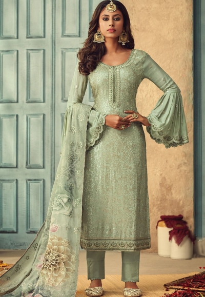 sea green chinon embroidered straight trouser suit 84005