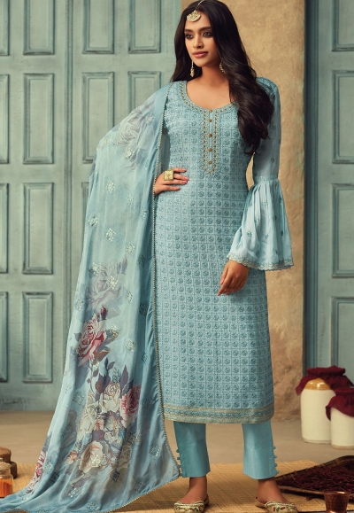 sky blue chinon embroidered straight trouser suit 84001