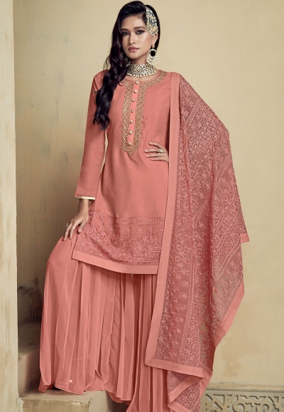 peach georgette embroidered sharara pakistani suit 8105