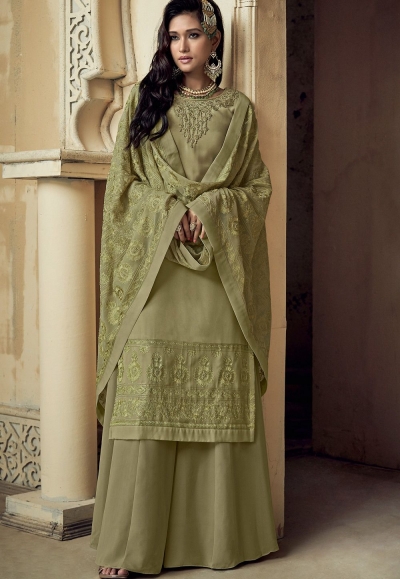 pastel green georgette embroidered sharara pakistani suit 8103