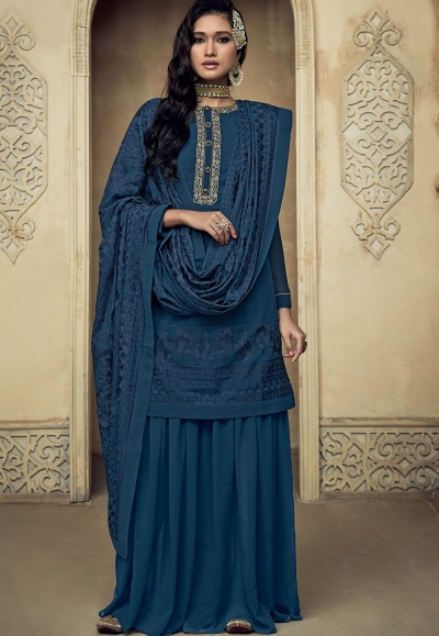 royal blue georgette embroidered sharara pakistani suit 8102