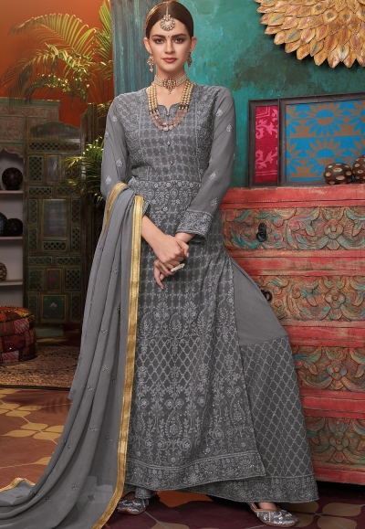 grey georgette embroidered side slit straight suit 1005