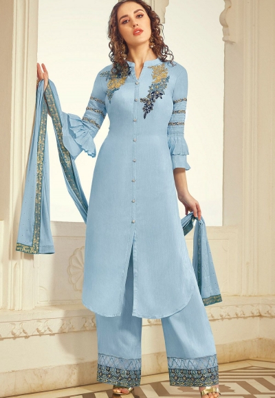 blue muslin embroidered palazzo suit 11001