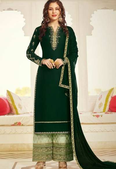 dark green satin embroidered palazzo suit 11003