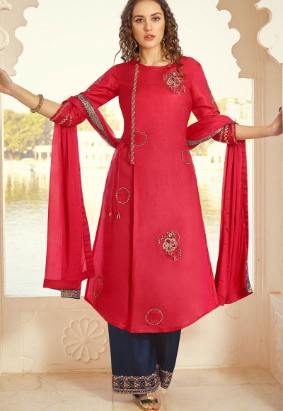 dark pink art silk embroidered palazzo suit 11004