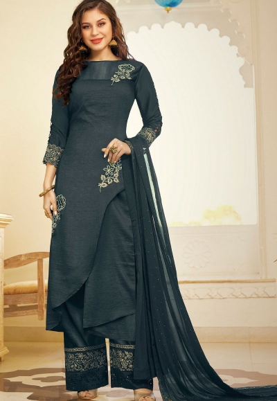 grey art silk embroidered palazzo suit 11005