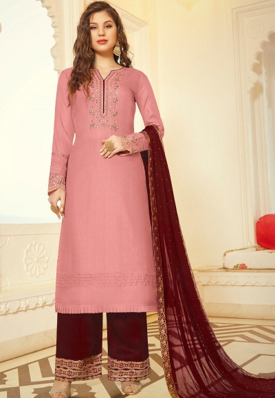 pink art silk embroidered palazzo suit 11006