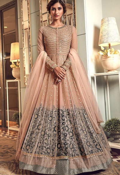 peach net embroidered floor length anarkali suit 6501